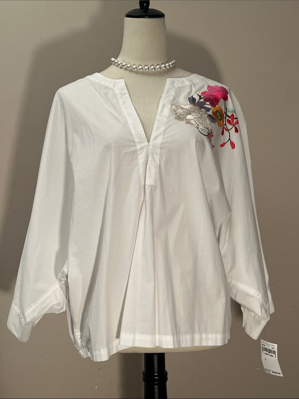 Trina Turk White V-Neck Tunic with Pink & Yellow Floral Embroidery